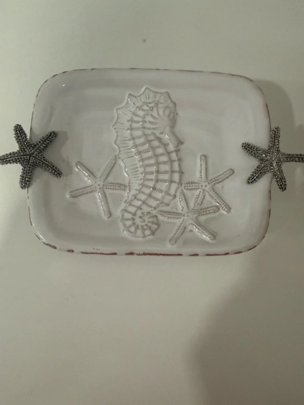 Mudpie Seahorse Soap Dish Handcrafted Silver Starfish & Antique White w/Brown 6